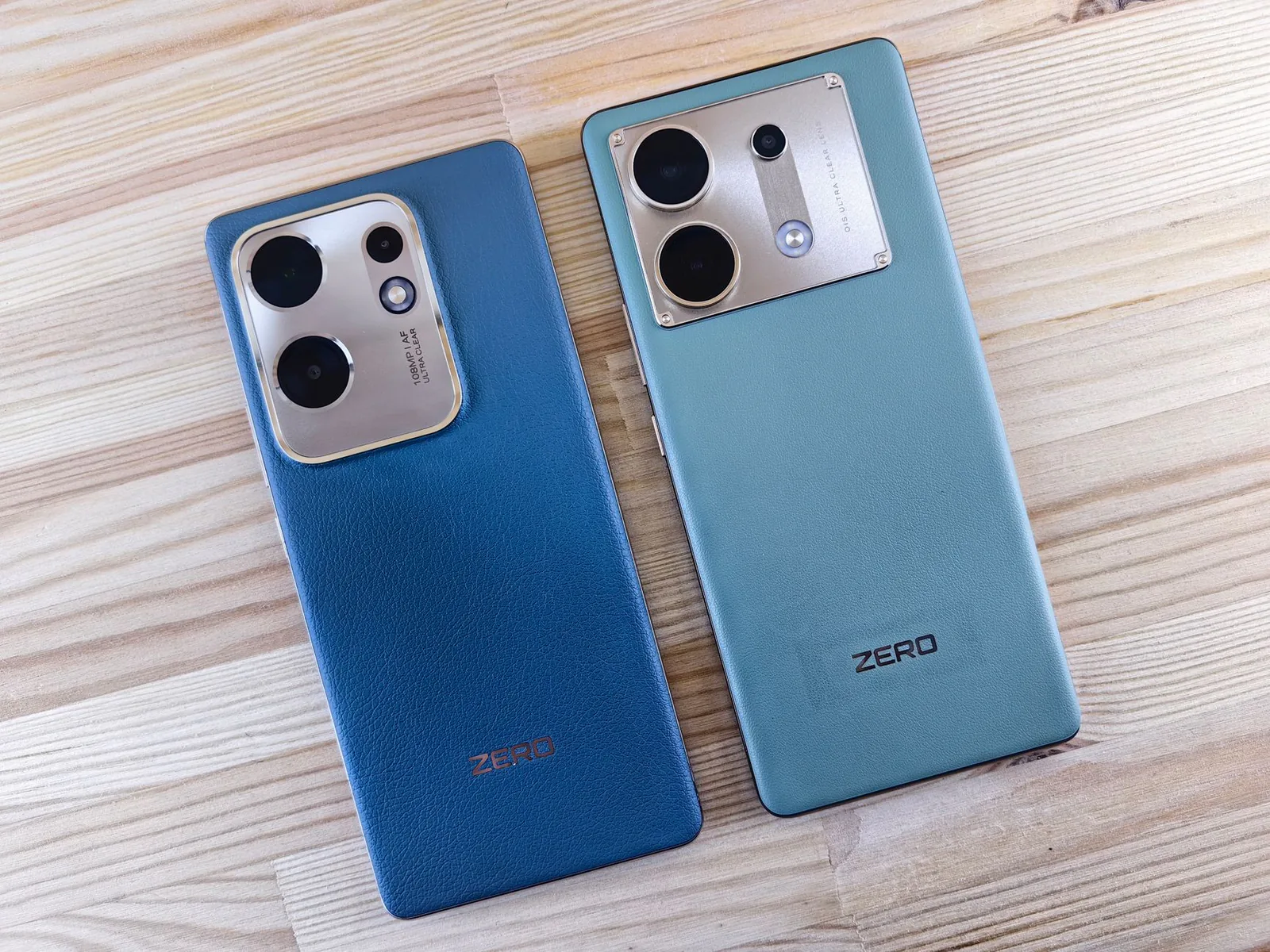 Two sleek smartphones side by side on a wooden table, comparing the iPhone 18 and iPhone 17