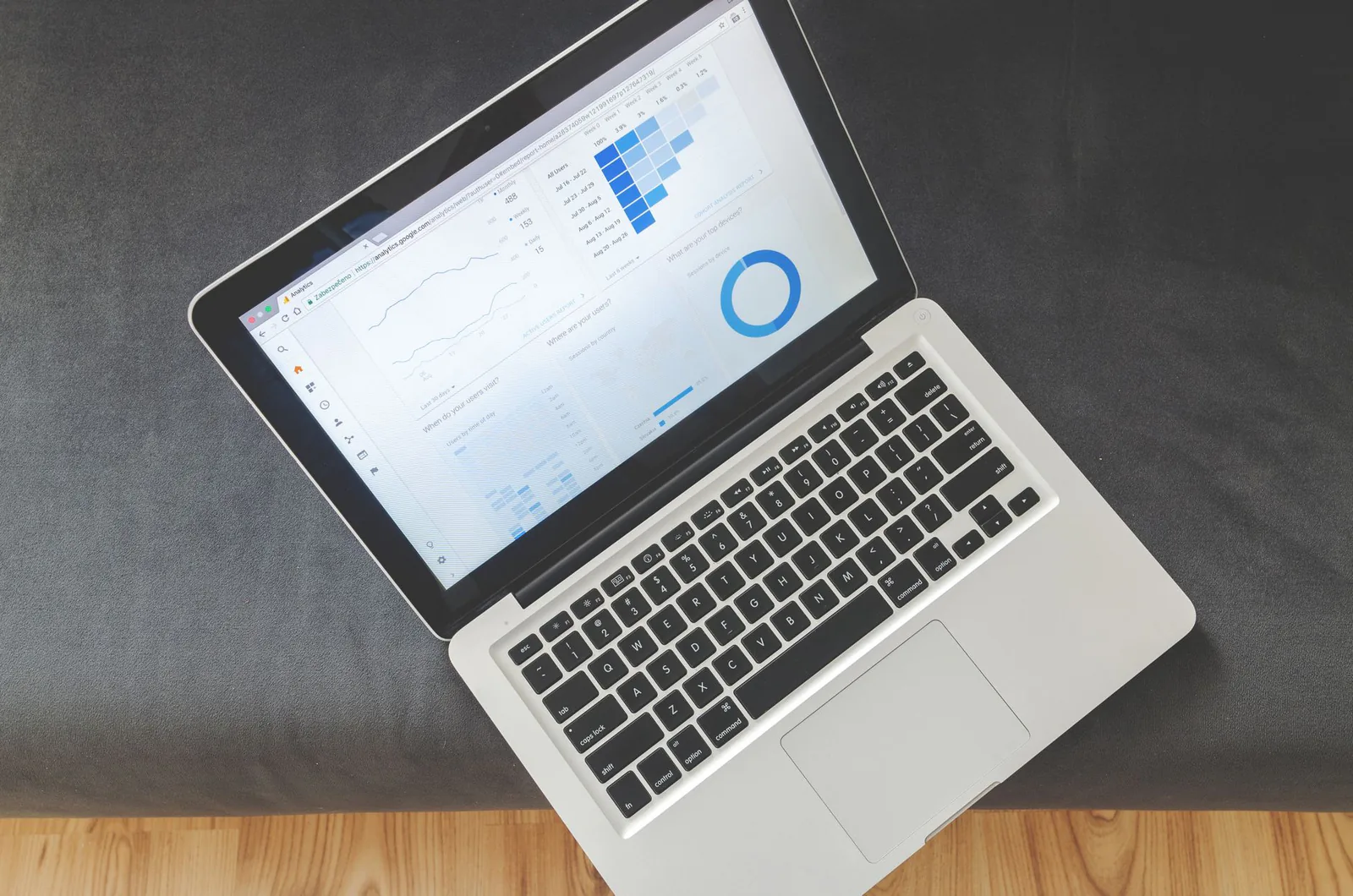 Laptop showing data analytics and charts on screen
