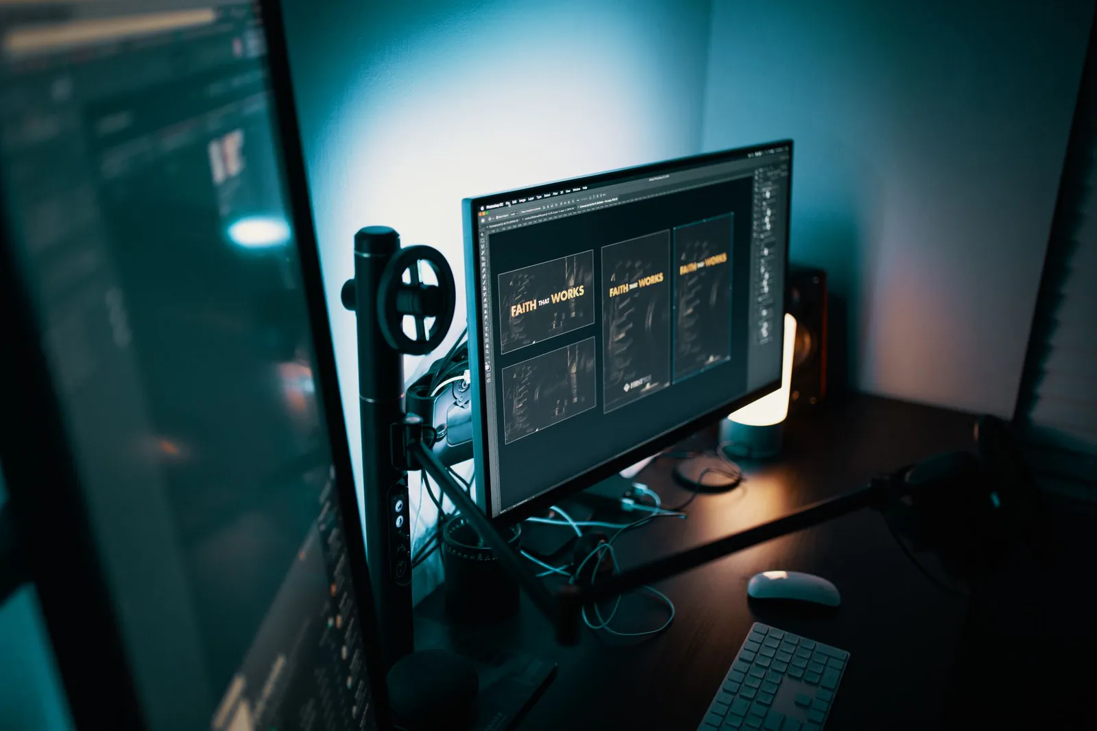 Stylish modern workspace with dual monitors displaying design software